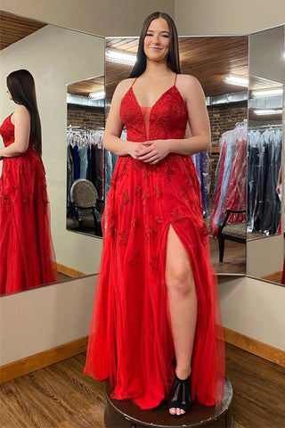 Vestido de festa comprido vermelho com decote em V profundo e aplicações florais e racha PSK485