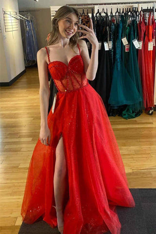 Vestido de festa vermelho brilhante com racha e missangas, corte A, alças PSK503
