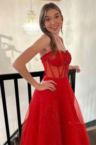 Vestido de festa vermelho brilhante com racha e missangas, corte A, alças PSK503