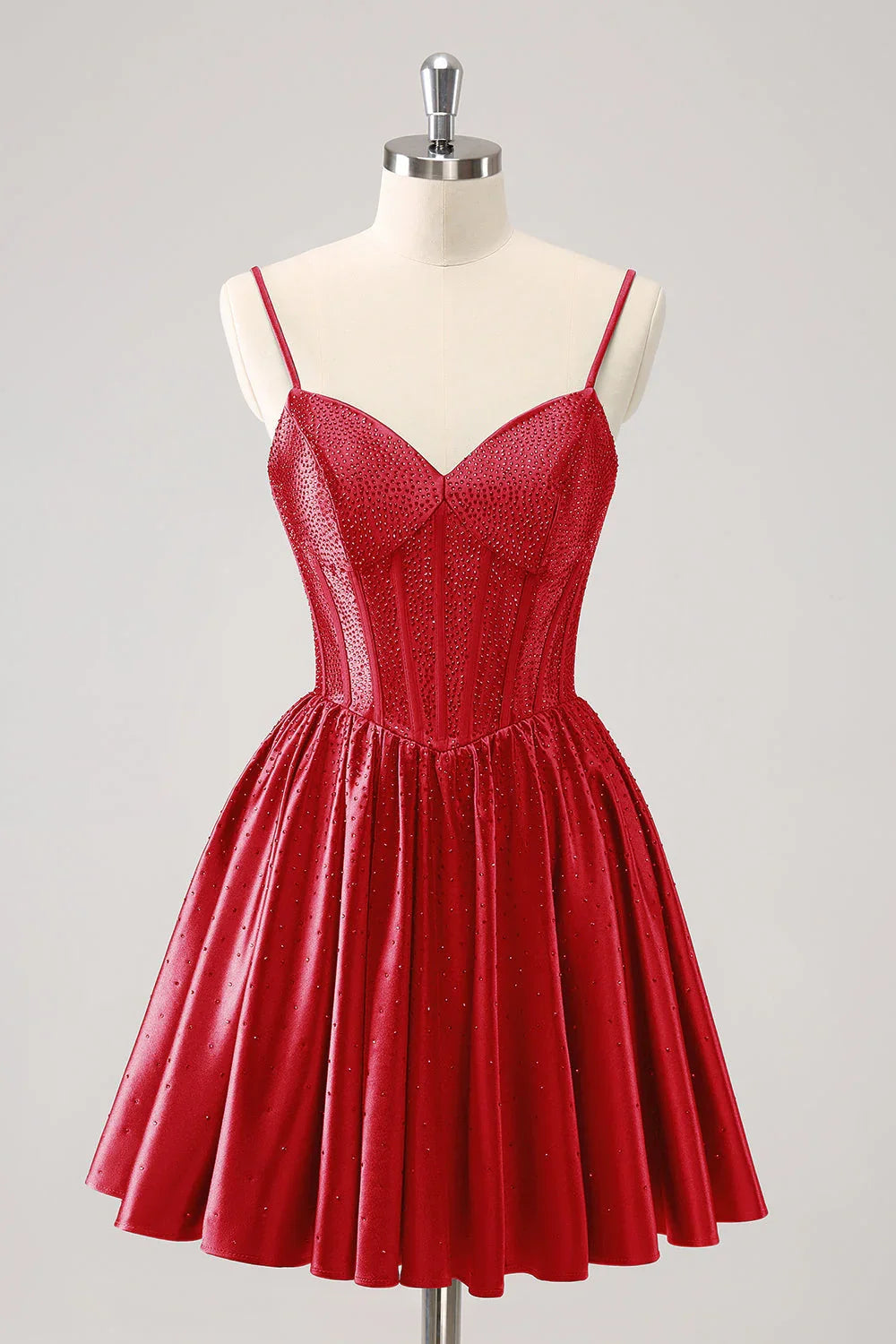 Niedliches rotes A-Linien-Korsett-Rüschenkleid mit Trägern und Perlen für den Homecoming