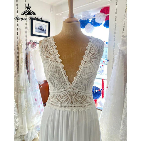 Robe Boheme Beach Boho Chiffon Ärmelloses Spitzenmieder Hochzeitskleid für Frauen 2024 V-Ausschnitt Brautkleid robe de soirée de mariage 