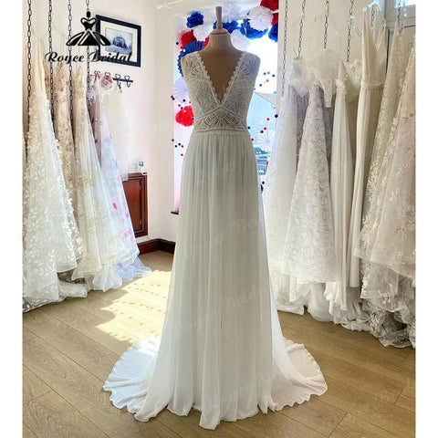 Robe Boheme Beach Boho Chiffon Ärmelloses Spitzenmieder Hochzeitskleid für Frauen 2024 V-Ausschnitt Brautkleid robe de soirée de mariage 