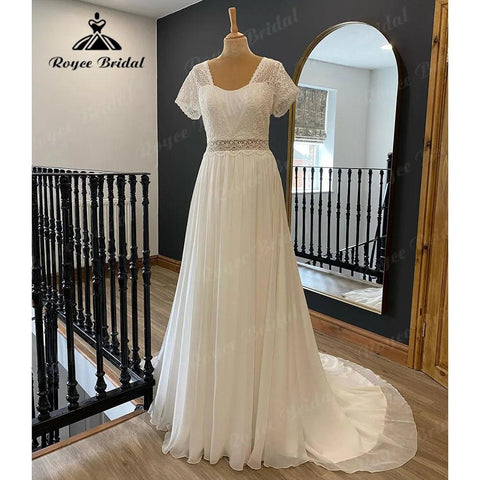 Robe Bohemian Civil A Line Boho Lace Bodice Chiffon Beach Brautkleid mit Kurzarm Damen Brautkleid sukienka na wesele 