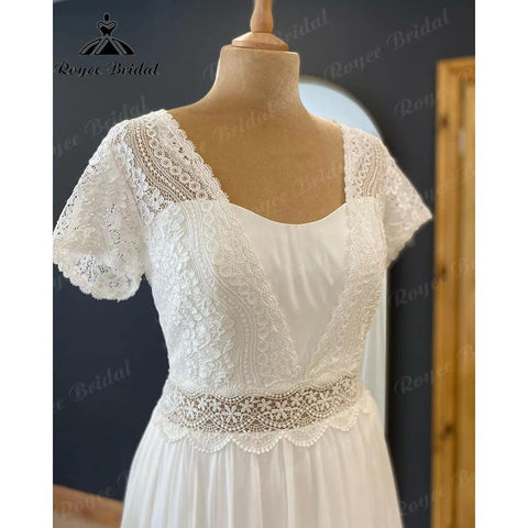 Robe Bohemian Civil A Line Boho Lace Bodice Chiffon Beach Brautkleid mit Kurzarm Damen Brautkleid sukienka na wesele 