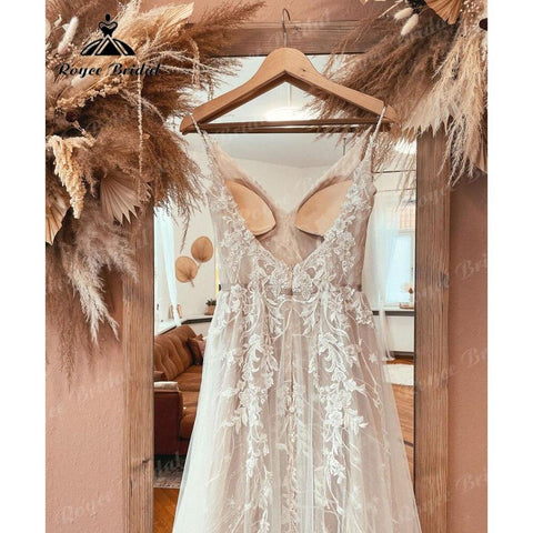 Robe Boho Champagner Spitze Bohemian Backless Brautkleid Strand V-Ausschnitt 2025 Applikationen Spaghetti-Trägern Brautkleider Nach Maß