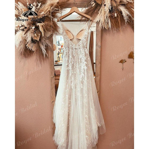 Robe Boho Champagner Spitze Bohemian Backless Brautkleid Strand V-Ausschnitt 2025 Applikationen Spaghetti-Trägern Brautkleider Nach Maß