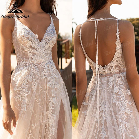 Robe Boho Champagner Spitze Bohemian Backless Brautkleid Strand V-Ausschnitt 2025 Applikationen Spaghetti-Trägern Brautkleider Nach Maß