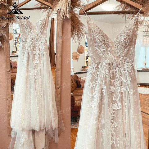 Robe Boho Champagner Spitze Bohemian Backless Brautkleid Strand V-Ausschnitt 2025 Applikationen Spaghetti-Trägern Brautkleider Nach Maß