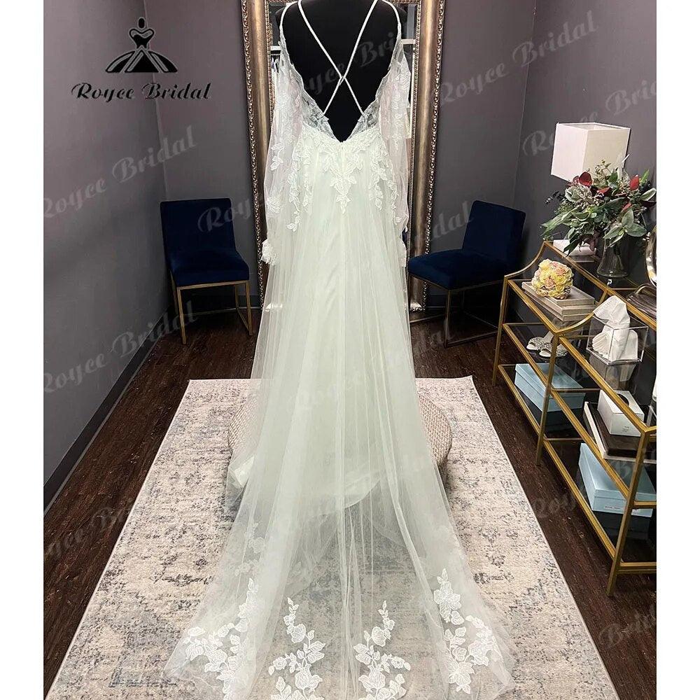 Robe Civil Long Sleeve Lace V Neck Open Back Off Shoulder Wedding Dress 2024 Elegant Bridal Gown robe de mariée NumberSea