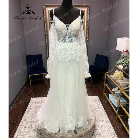 Robe Civil Langarm Spitze V-Ausschnitt Open Back Off Shoulder Brautkleid 2024 Elegantes Brautkleid robe de mariée NumberSea 