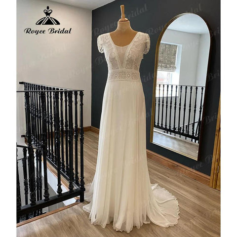 Robe De Mariée Bohemian Beach Lace Mieder Chiffon Boho Brautkleid mit kurzen Flügelärmeln 2024 Damen Brautkleid NumberSea 