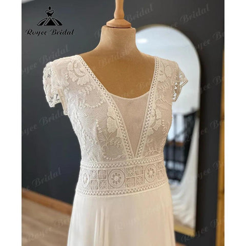 Robe De Mariée Bohemian Beach Lace Mieder Chiffon Boho Brautkleid mit kurzen Flügelärmeln 2024 Damen Brautkleid NumberSea 