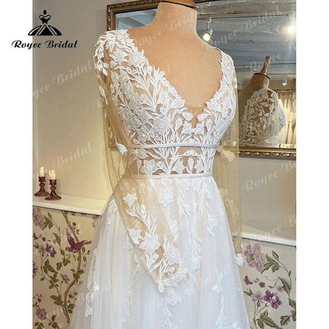 Robe De Mariee Mariage Hochzeit Kleid Langarm Spitze Applique V-ausschnitt Sweep Zug Brautkleider 2022 Robe Civil vestidos de novia