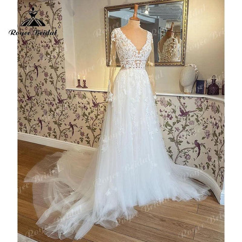 Robe De Mariee Mariage Hochzeit Kleid Langarm Spitze Applique V-ausschnitt Sweep Zug Brautkleider 2022 Robe Civil vestidos de novia