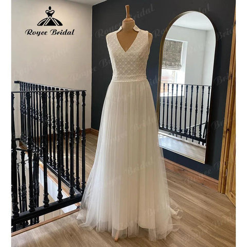 Robe Femme Civil Sommer Ärmelloses V-Ausschnitt Weiches Tüll Brautkleid für Frauen 2024 Brautkleid Brautkleid Robe de Soirée Elegant 