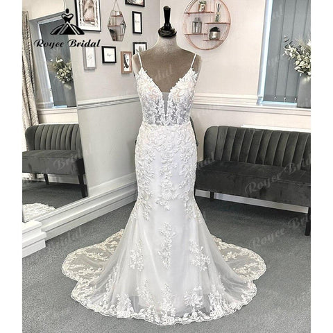 Robe Mariee Tiefer V-Ausschnitt Rückenfreie Spitze Meerjungfrau Brautkleid für die Braut 2024 Spaghettiträger Brautkleid Vestidos Sexy 