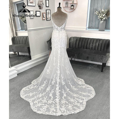 Robe Mariee Tiefer V-Ausschnitt Rückenfreie Spitze Meerjungfrau Brautkleid für die Braut 2024 Spaghettiträger Brautkleid Vestidos Sexy 