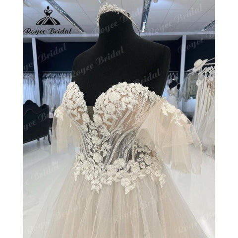 NumberSea Robe Mariee Prinzessin Spitze Schulterfreies Brautkleid mit Kappe Kurzarm Herzförmiger Ausschnitt Brautkleid Hochzeitskleid 2025 