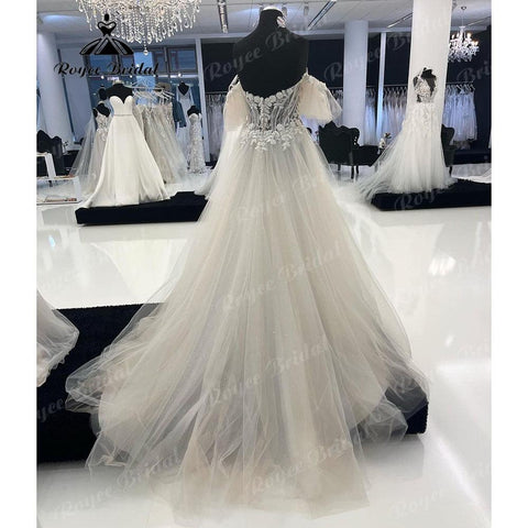 NumberSea Robe Mariee Prinzessin Spitze Schulterfreies Brautkleid mit Kappe Kurzarm Herzförmiger Ausschnitt Brautkleid Hochzeitskleid 2025 