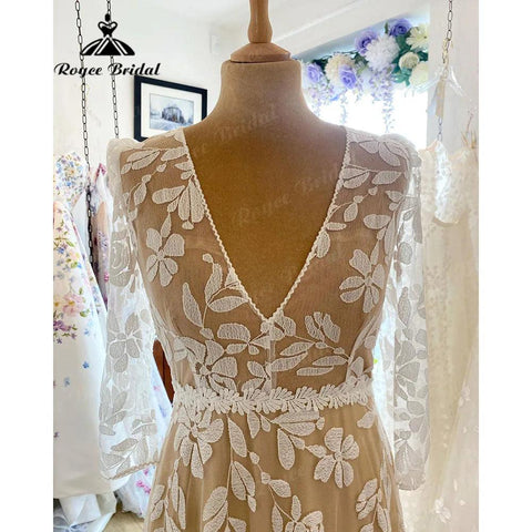 Robe Mariee Dreiviertelärmel Volle Spitze A-Linie Boho Frauen Hochzeitskleid mit V-Ausschnitt 2025 Brautkleid abito da sposa Sommer 