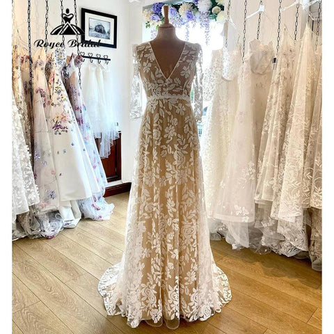 Robe Mariee Dreiviertelärmel Volle Spitze A-Linie Boho Frauen Hochzeitskleid mit V-Ausschnitt 2025 Brautkleid abito da sposa Sommer 