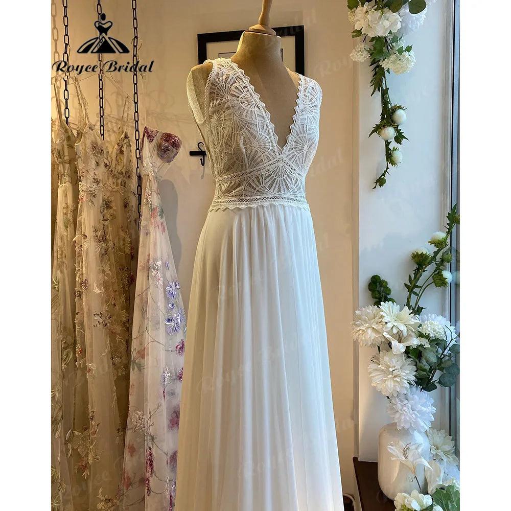 Robe Summer Lace Bodice Chiffon Boho V Neck Wedding Dress for Women 2024 Bridal Gown Custom Made vestido de novia NumberSea