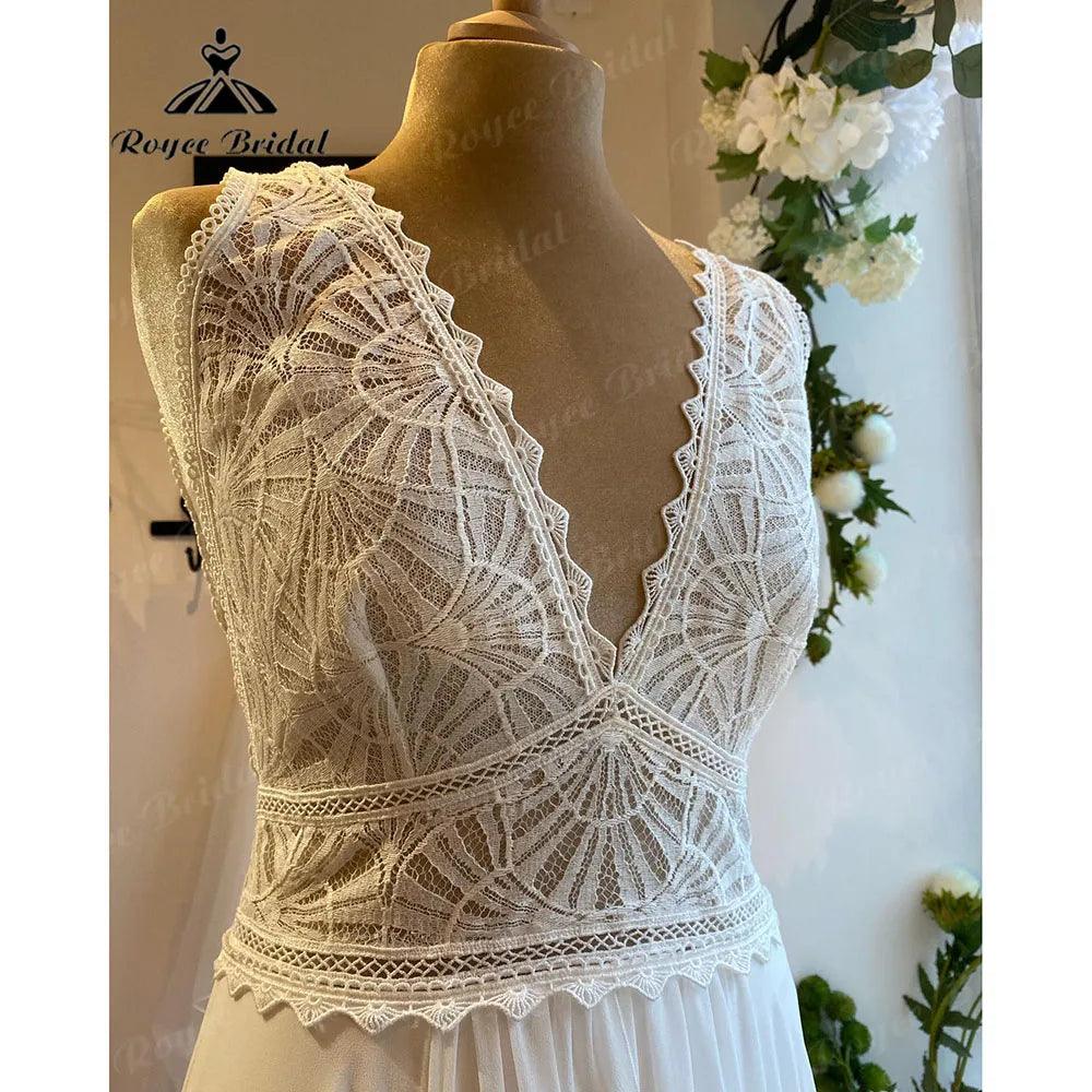 Robe Summer Lace Bodice Chiffon Boho V Neck Wedding Dress for Women 2024 Bridal Gown Custom Made vestido de novia NumberSea