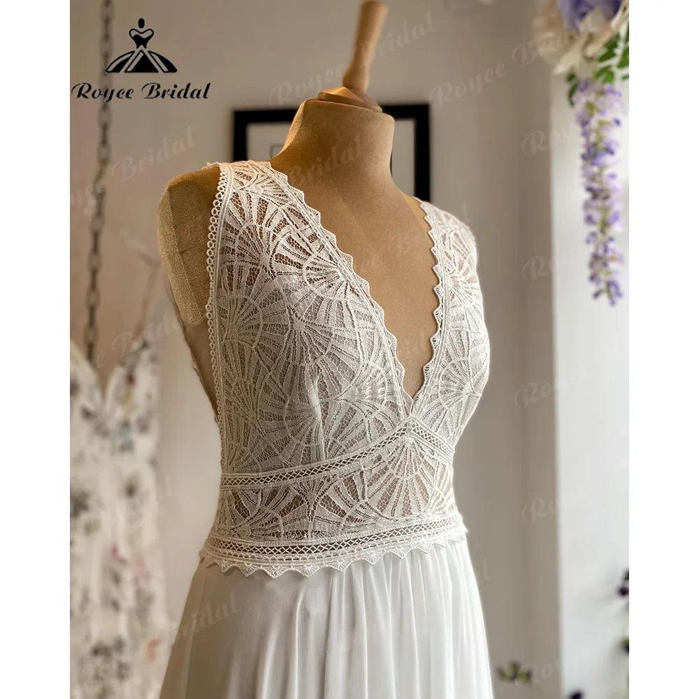 Robe Summer Lace Bodice Chiffon Boho V Neck Wedding Dress for Women 2024 Bridal Gown Custom Made vestido de novia NumberSea