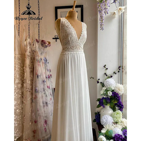 Robe Sommer Spitze Mieder Chiffon Boho V-ausschnitt Hochzeit Kleid für Frauen 2024 Brautkleid Nach Maß vestido de novia NumberSea 