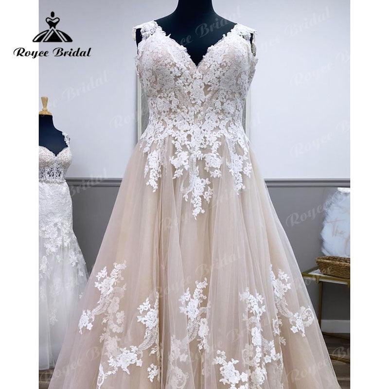 NumberSea Robes De Mariage Gorgeous Plus Size V Neck Lace Appliques Backless Champagne Wedding Dress Vintage Vestidos Novia Wedding Gowns