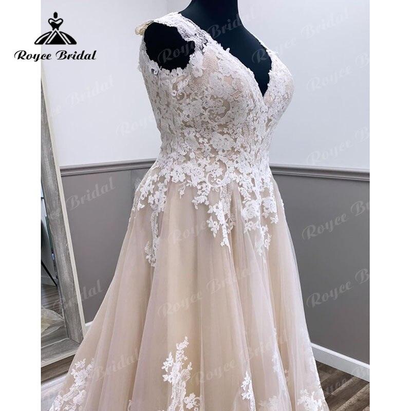 NumberSea Robes De Mariage Gorgeous Plus Size V Neck Lace Appliques Backless Champagne Wedding Dress Vintage Vestidos Novia Wedding Gowns