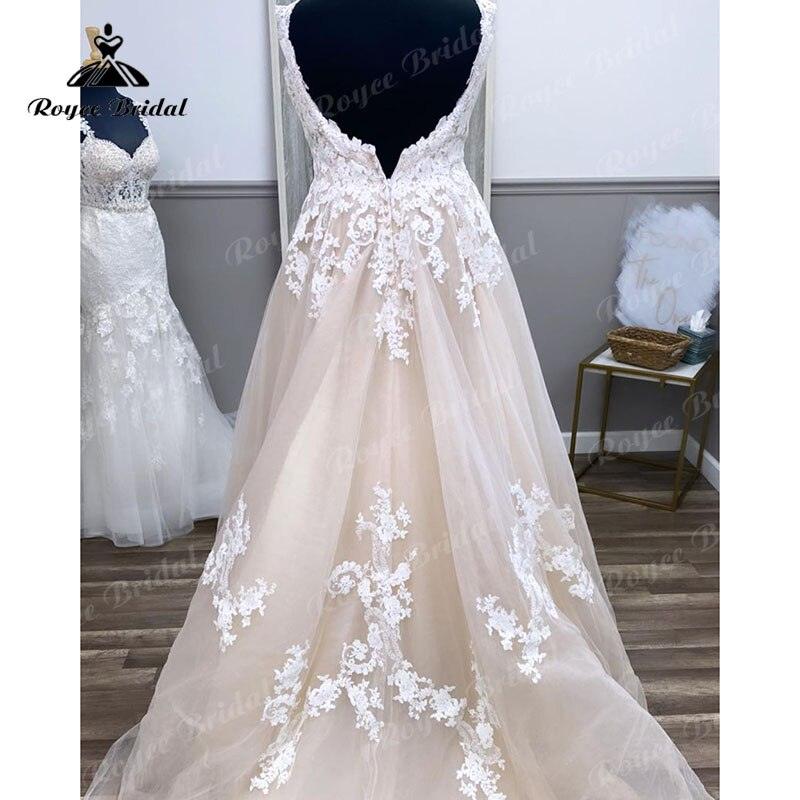 NumberSea Robes De Mariage Gorgeous Plus Size V Neck Lace Appliques Backless Champagne Wedding Dress Vintage Vestidos Novia Wedding Gowns