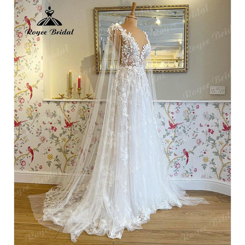 Romantische Spitze Floral Fairy Strand Brautkleid mit Tiefem V-Ausschnitt 2025 Brautkleid Hochzeit vestido largo invitada boda NumberSea