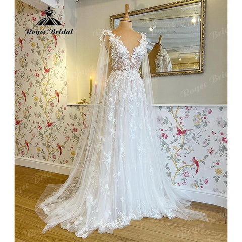 Romantische Spitze Floral Fairy Strand Brautkleid mit Tiefem V-Ausschnitt 2025 Brautkleid Hochzeit vestido largo invitada boda NumberSea