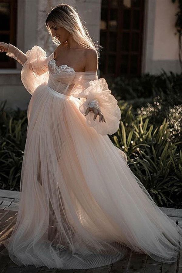 Robe de mariée dos nu romantique pour plage avec manches, robe de mariée, MW525