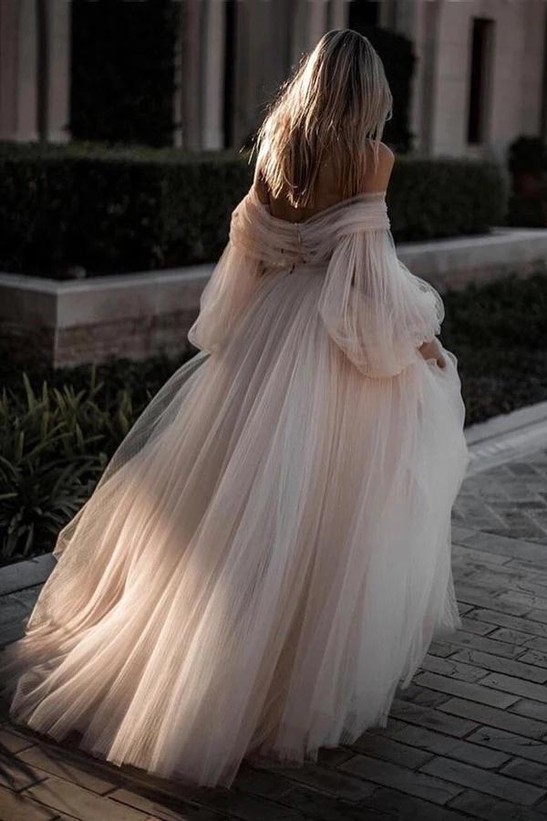 Robe de mariée dos nu romantique pour plage avec manches, robe de mariée, MW525