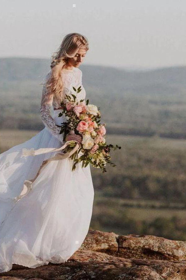 Romantic Ivory Chiffon Two Piece Long Sleeves Wedding Dresses with Lace, MW521