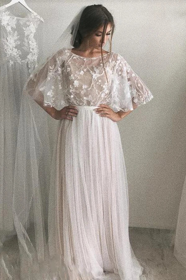 Abito da sposa in pizzo romantico a linea A con mezze maniche e strascico corto, MW575