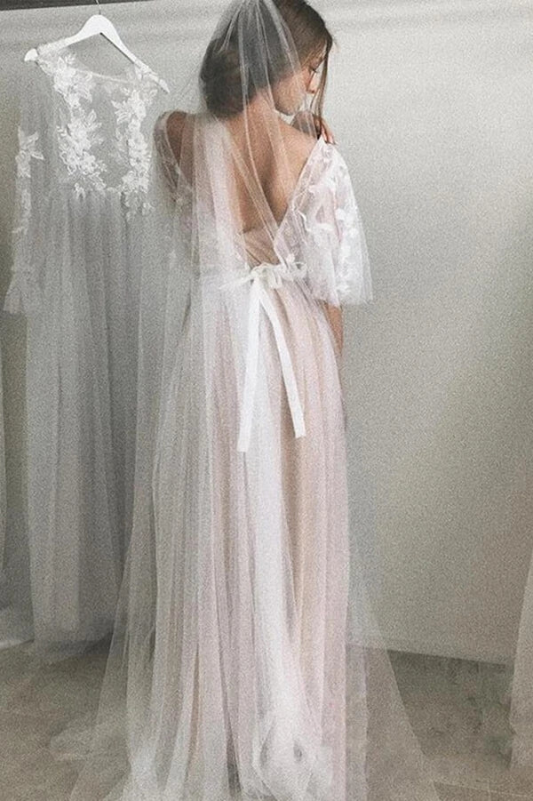 Abito da sposa in pizzo romantico a linea A con mezze maniche e strascico corto, MW575