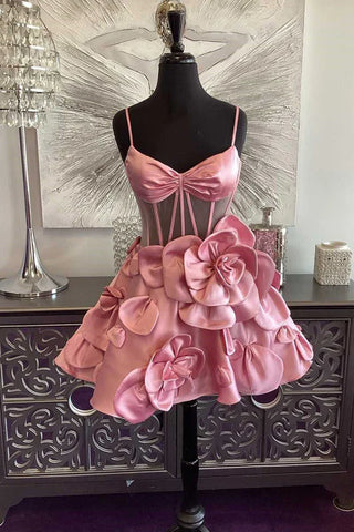 Rosa Korsett-Heimkehrkleid mit Rosettenträgern, kurzes Ballkleid PD515
