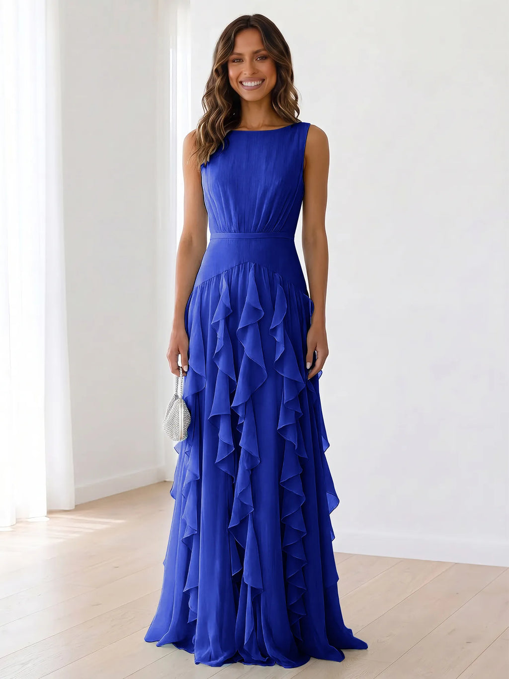 Sleeveless Tiered Chiffon Maxi Evening Gown with Ruched Bodice
