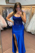 Abito da Ballo Lungo Sirena in Satin Blu Reale con Allacciatura e Spacco PSK512
