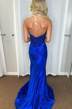 Mermaid Lace Applique High Slit Royal Blue Long Prom Dress PSK547