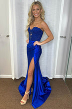 Mermaid Lace Applique High Slit Royal Blue Long Prom Dress PSK547