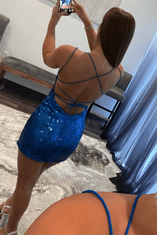 Königsblaues, figurbetontes Mini-Heimkehrkleid mit Pailletten, kurzes Ballkleid PD459