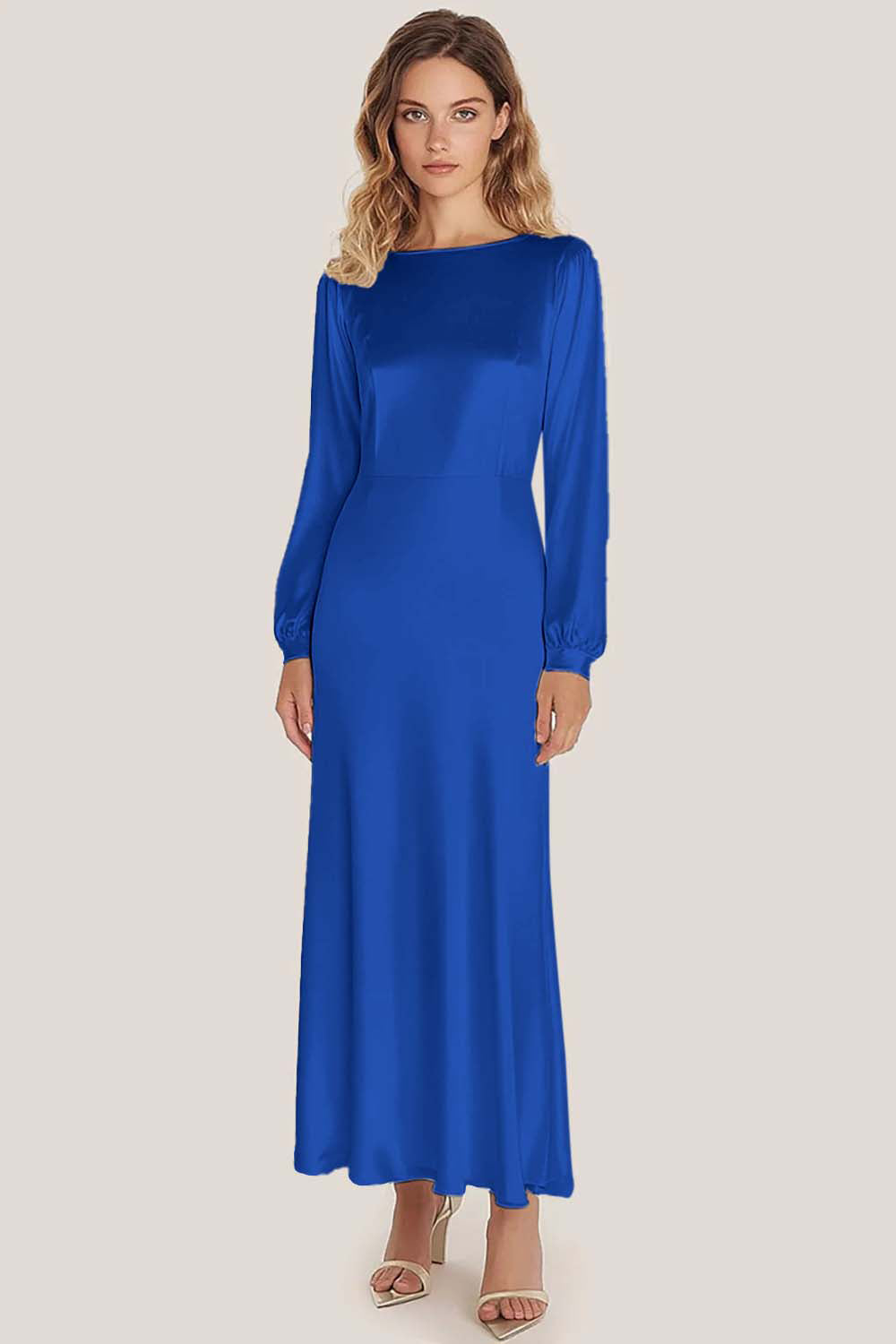 Elfenbeinfarbenes Satin-A-Linien-Kleid in Knöchellänge mit U-Ausschnitt und langen Ärmeln