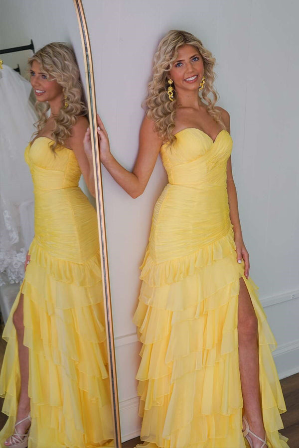 Ruched Ruffle Fitted Yellow Long Prom Dress with Slit  PSK576