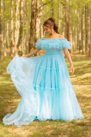 Rüschen Off the Shoulder Korsett A-Linie Blau Ballkleid PSK570