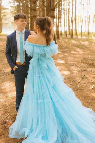 Rüschen Off the Shoulder Korsett A-Linie Blau Ballkleid PSK570