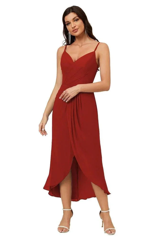 Numbersea Spaghetti-Träger Chiffon V-Ausschnitt Brautjungfernkleid Mittellanger Schlitz Formelles Abschlussballkleid Homecoming-Kleid 2803